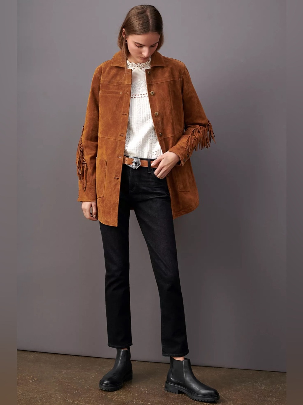 Anthropologie Pilcro Danae Fringed Suede Jacket in Brown, Size Large - Picture 2 of 12